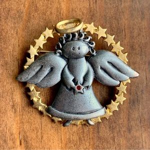 Vintage Christmas angel pin brooch gold stars holiday festive winter grandma Y2K